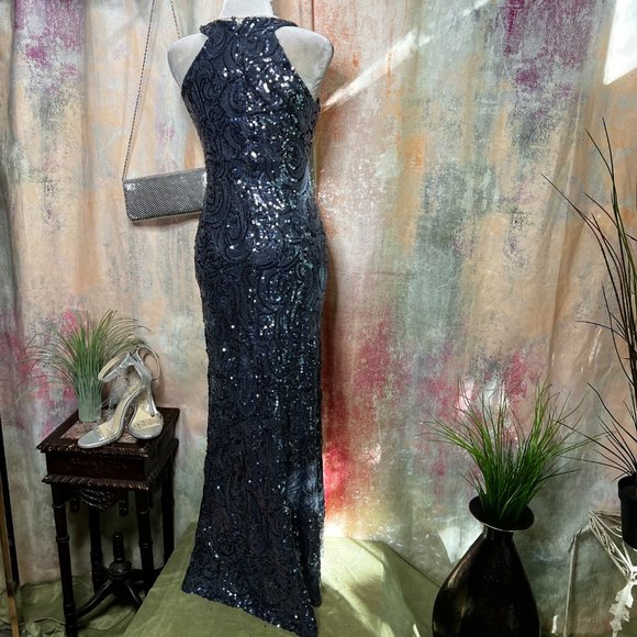 📌Morgan & Co. Eyecatcher Blue Sequin Halter Neckline Prom - Ball - Party Gown - Picture 7 of 16